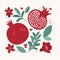 Set of design elements in vintage style, red pomegranate, leaves, flowers, fruit, branch. Juicy tropical fruits. Design