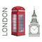 Set for design on London. Great Britain. Big Ben Tower. London phone booth.