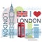 Set for design on London. Great Britain flag. Big Ben Tower. London phone booth.