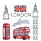 Set for design on London. Great Britain flag. London bus. Big Ben Tower. London phone booth.