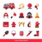 Set of designed firefighter elements coloured fire department emergency icons and water safety danger equipment fireman