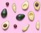 Set for designer from avocado pieces. Collection whole and half avocados and avocadoâ€™s seeds