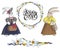 Set of designer items: easter wreath of daffodils, seamless flower brush and fashionable rabbits in dresses