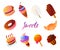 Set of Dessert Related Vector Colorful Illustrations. Contains such Icons as Macaron, Donut, Icecream, Ð¡roissant, Ð¡otton candy,