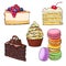 Set of desserts - cupcake, chocolate and vanilla cake, cheesecake, macaroons