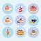 Set of desserts sweets, pastry, chocolate, cake, cupcake, ice cream, vector illustration