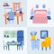 Set of detailed bedroom, kitchen, living room, workplace interior in cartoon style. Rooms with furniture, cute decor in trendy