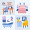 Set of detailed bedroom, living room, workplace, bathroom interior in cartoon style. Rooms with furniture, cute decor in trendy