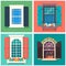 Set of detailed various colorful windows with windowsills, shutters, curtains, and flowerspot Vector illustration