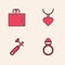 Set Diamond engagement ring, Shopping bag jewelry, Necklace with heart shaped pendant and Jewelers lupe icon. Vector