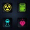 Set Diamond, Radioactive, Test tube and flask and Calculator. Black square button. Vector