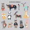 Set of diferent cartoon Eurasian animals. Cute handdrawn kids clip art collection. Vector illustration