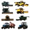 Set of different agricultural machinery on white background