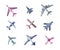 Set of different airplane aircrafts bottom view vector illustration