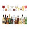 Set of different alcohol bottle and glasses. Alcohol drinks