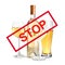 Set of different alcohol drinks and STOP sign on background