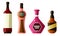 Set of different alcoholic beverages in bottles of different shapes. Vector illustration in a flat cartoon style.