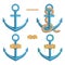 Set of different anchors for marine design. Illustration of a ship`s anchor with a rope.