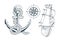 Set of different anchors for marine design. Illustration of a ship`s anchor with a rope and ship.