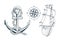 Set of different anchors for marine design. Illustration of a ship`s anchor with a rope and ship.