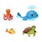 Set of different animal isolated on the white background. Octopus, whale, fish, turtle. Flat style. Vector illustration