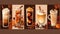 Set of different autumn or winter hot drinks illustration. Drinking glass variety with cappucino, pumpkin latte, hot chocolate,