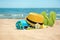 Set of different beach objects on sand near sea. Space for