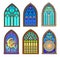 Set of different beautiful colorful stained glass windows. Gothic architectural style with pointed arch. Architecture in France