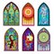 Set of different beautiful colorful stained glass windows in Gothic style. Middle age architecture in Western Europe.