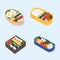 Set of different bento. Japanese lunch boxes collection. Funny cartoon food. Isometric colorful vector illustration.