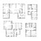 Set of different black and white house floor plans with interior details on white