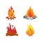 Set of different bonfires with flame of fire, campfires, camping.