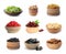 Set of different bowls with delicious dried fruits