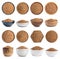 Set of different bowls with uncooked buckwheat