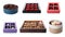 Set with different boxes of chocolate candies on background