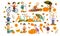 Set of different boys in an autumn clothes plays with leaves, launches a paper boat, rides a bicycle, carries pumpkins and has fun
