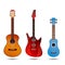 Set of different bright realistic guitars. Retro acoustic guitar, electric rock guitar and a little blue ukulele. flat vector