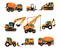 Set of different building equipment on white background. Concrete mixer, wheel loaders, excavator, bulldozer, front loader,