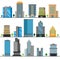 A set of different building objects. Multi-storey buildings in different designs. Vector illustration.