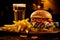 Set of different burgers with french fries and a glass of beer. Burger with chicken, beef and smoked pork. Photo for the menu