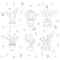 Set of different cactus in pots on doodle background, flat vector outline
