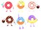 Set of different cartoon donuts. Donut drinks cocktail, eats ice cream and floats.