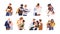 Set of different cartoon people hugging feeling love and positive emotion vector graphic illustration. Collection of