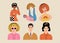 A set of different characters dressed in the style of the 1960s. People in a retro groove vibes. Vector illustration in hand drawn