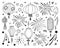 Set of different Chinese paper lanterns and fireworks. Hand drawn black and white vector sketch illustration