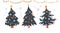 Set of different Christmas fir trees decorated with ornate decor elements, toys balls, bells and garlands isolated.
