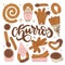 Set of different churros with chocolate sauce cups. Mexican sweet snack collection. Hand drawn contourvector