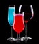 Set of different cocktail glasses for drinks on black background