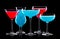 Set of different cocktail glasses for drinks on black background