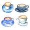 Set of different coffee cups, hand drawn watercolor illustration.